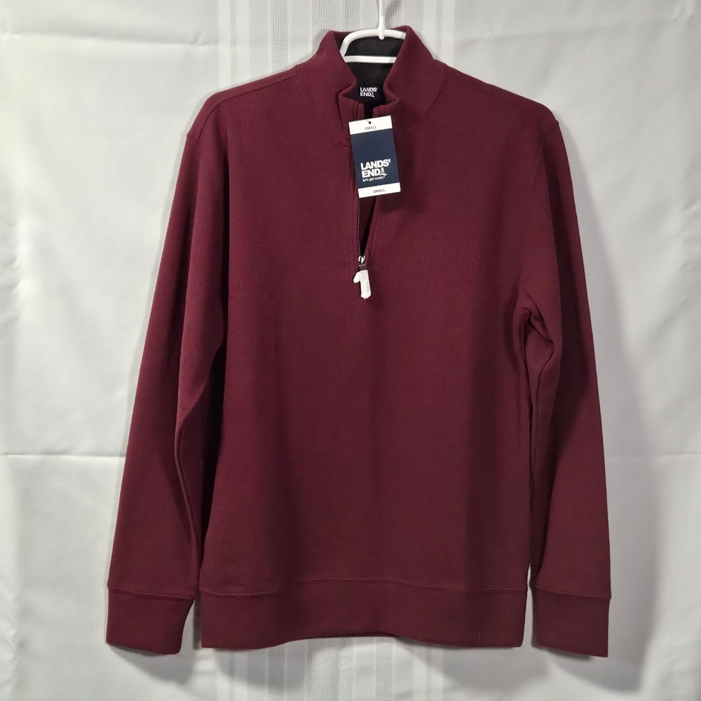 Lands' End Quarter-Zip Pullover Mens Small Burgundy Ribbed Fleece Lined 447688